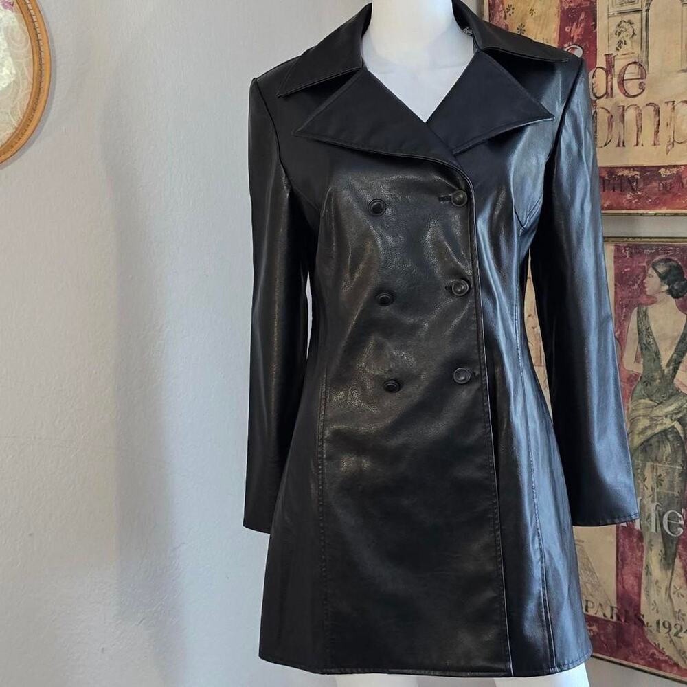 Vintage Faux Leather Retro Dagger Collar Double Breasted Trench Coat  Size 10